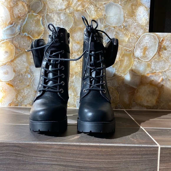 Faux Leather combat boots with side zipper coin pouch side zipper lace up front - Picture 2 of 6